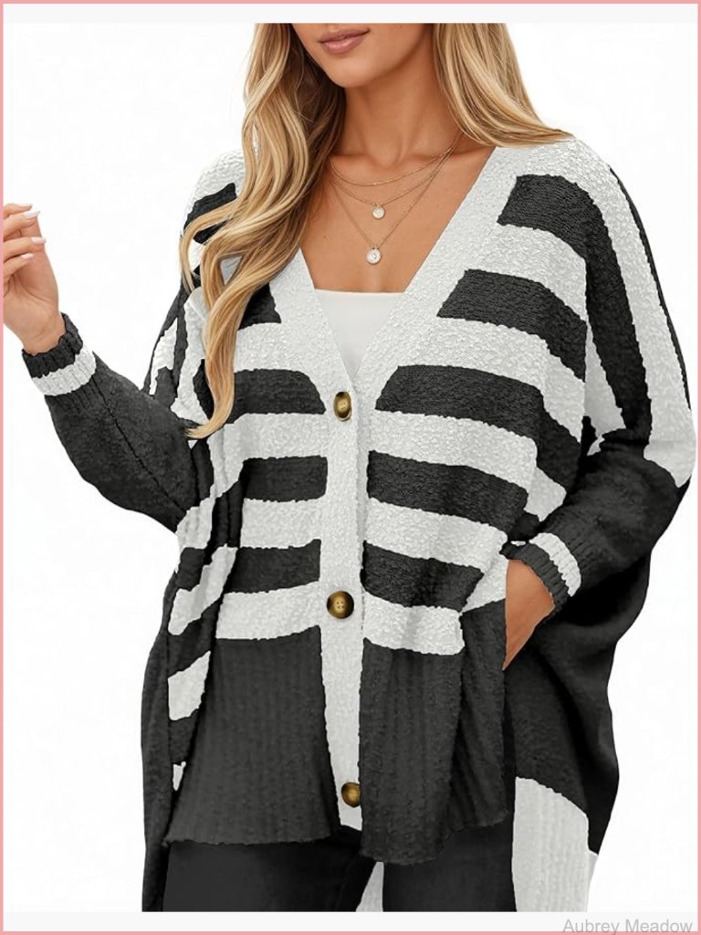 Oversized Striped V-Neck Cardigan Sweater With Side Slits